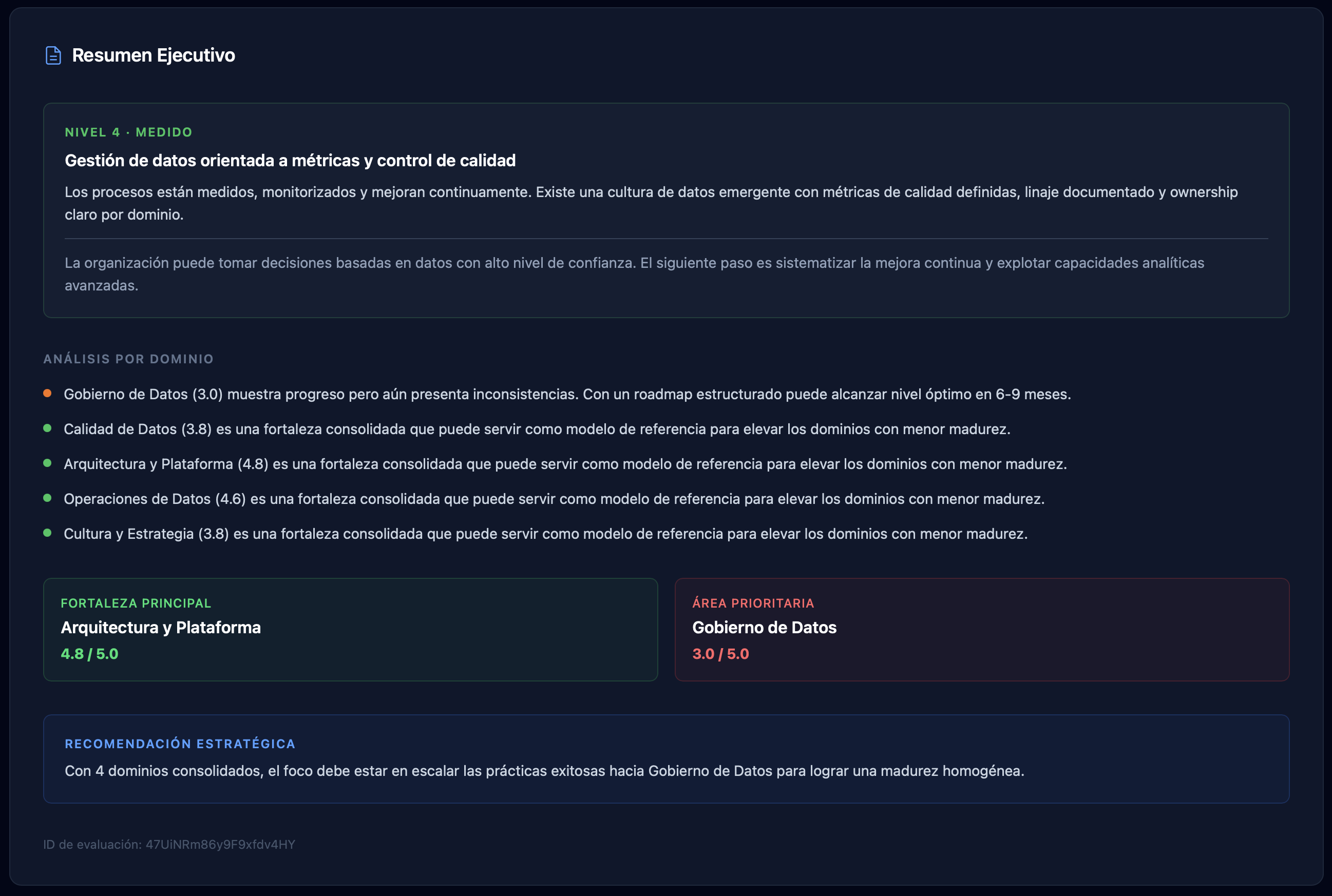 Resumen ejecutivo con análisis por dominio, fortalezas, brechas y recomendación estratégica